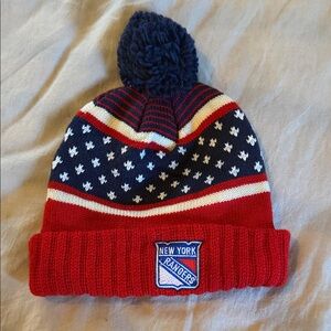 Mitchell & Ness Red and Navy Beanie with Pom-Pom
